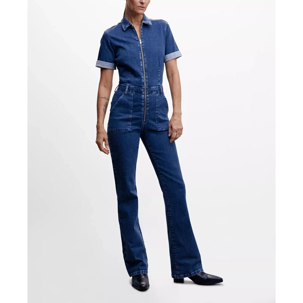 Mango Womens Denim Jumpsuit Zip Front Catsuit